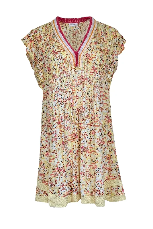 Poupette St Barth - Yellow Multi Color Floral Cap Sleeve Dress Sz L