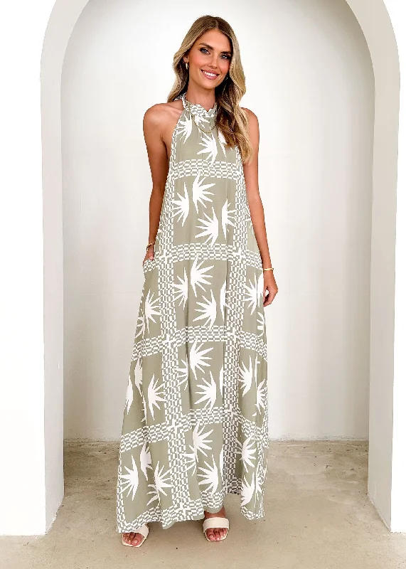 Rawsla Halter Maxi Dress - Sage Abstract