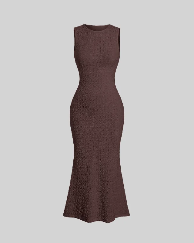 Round Neck Solid Color Sleeveless Dress In Brown