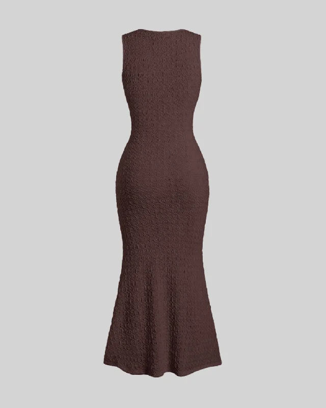 Round Neck Solid Color Sleeveless Dress In Brown