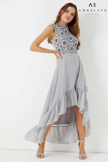 Silver High Neck Embroidered High Low Dress