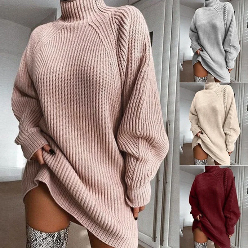 Amy Fashion - Solid Color Turtleneck Sweater Knitted Mini Dress