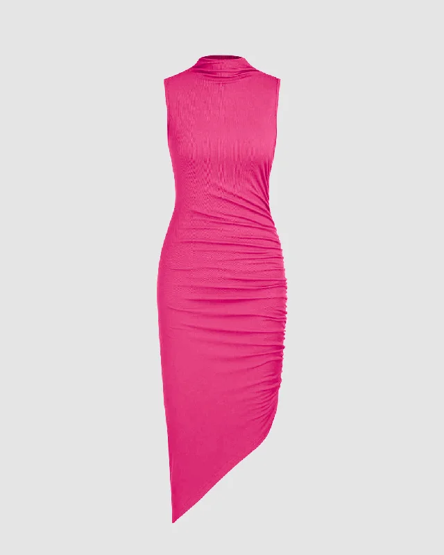 Solid Sleeveless Mock Neck Knee Length Ruched Bodycon Dress In Pink