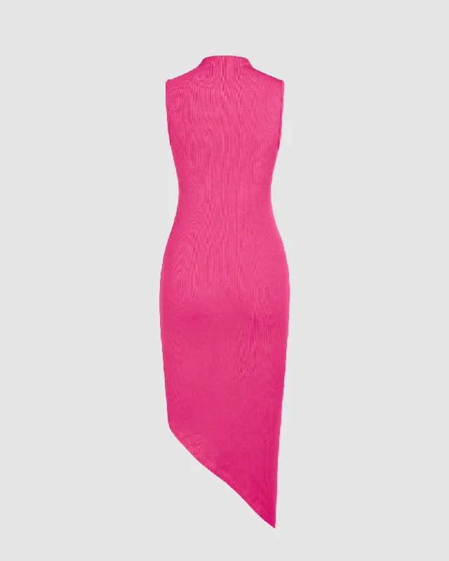 Solid Sleeveless Mock Neck Knee Length Ruched Bodycon Dress In Pink