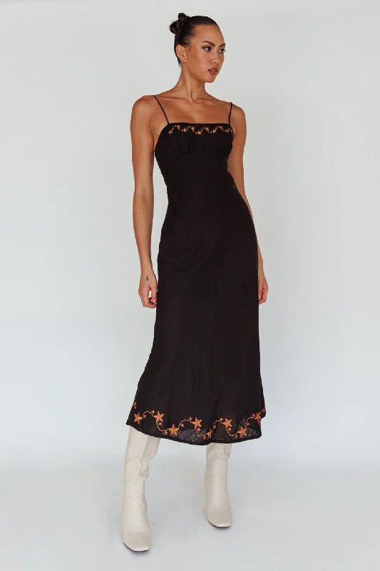 Star Garden Embroidered Midi Dress Black