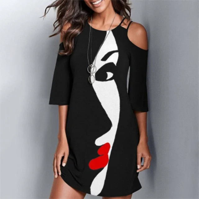 Amy Fashion - Round Neck Mask Printed Mini Dress