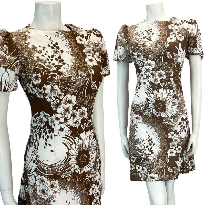 VTG 60S 70S BROWN FLORAL MOD GOGO SCOOTER MINI DRESS 8 10