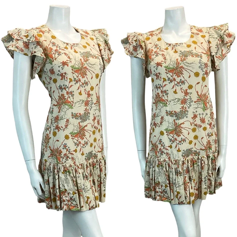 VTG 70S DANDELION FLORAL PRINT BROWN ORANGE GREEN RUFFLE MINI DRESS 10