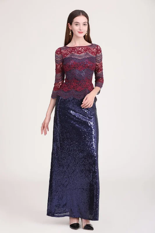 FashionSierra - Long Sleeves Patchwork Sequined Elegant Maxi Runway Prom Dresses