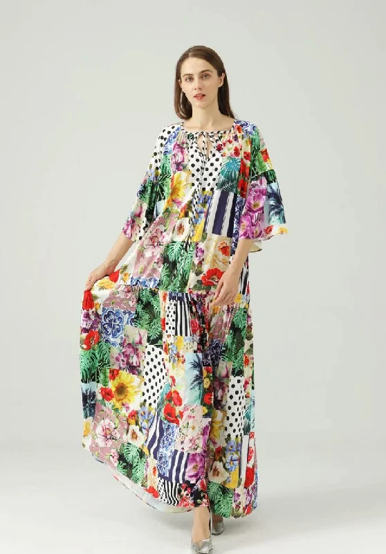 FashionSierra - O Neck 3/4 Sleeves Floral Printed Loose Design Fashion Maxi Dress