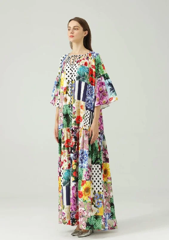 FashionSierra - O Neck 3/4 Sleeves Floral Printed Loose Design Fashion Maxi Dress