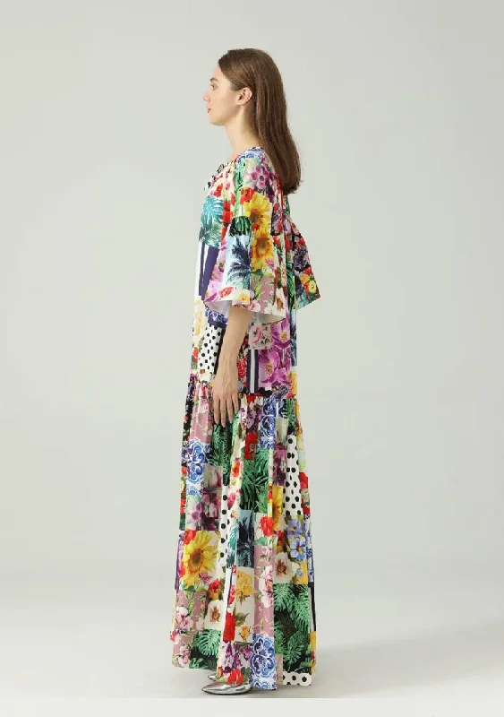 FashionSierra - O Neck 3/4 Sleeves Floral Printed Loose Design Fashion Maxi Dress