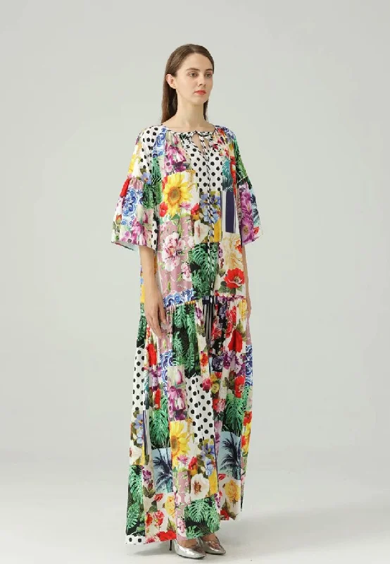 FashionSierra - O Neck 3/4 Sleeves Floral Printed Loose Design Fashion Maxi Dress