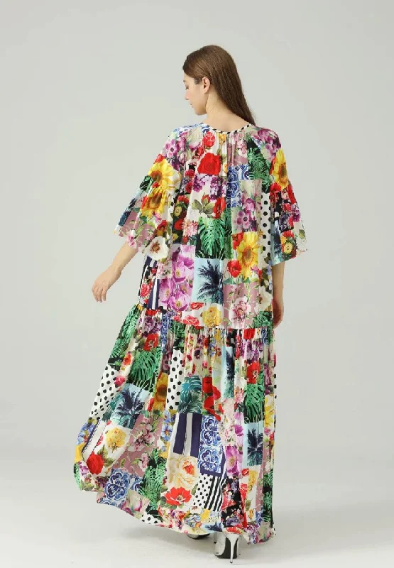 FashionSierra - O Neck 3/4 Sleeves Floral Printed Loose Design Fashion Maxi Dress