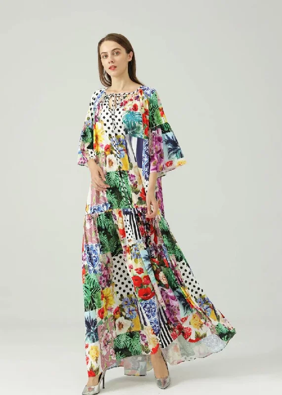 FashionSierra - O Neck 3/4 Sleeves Floral Printed Loose Design Fashion Maxi Dress