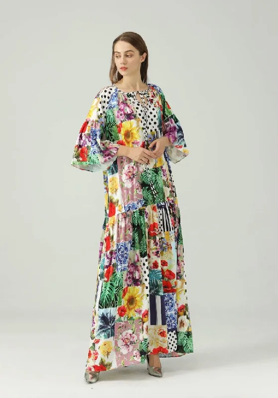 FashionSierra - O Neck 3/4 Sleeves Floral Printed Loose Design Fashion Maxi Dress