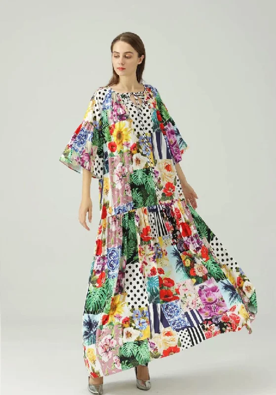 FashionSierra - O Neck 3/4 Sleeves Floral Printed Loose Design Fashion Maxi Dress