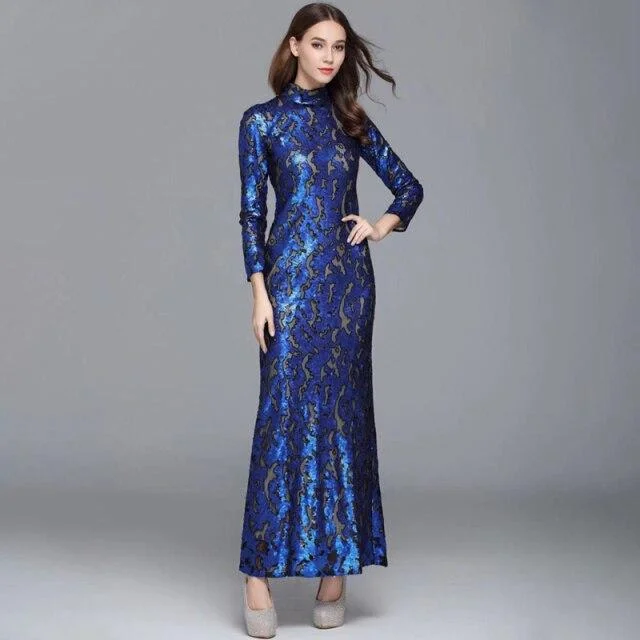 FashionSierra - Long Sleeves Sequined Elegant Fashion Party Prom Maxi Gown