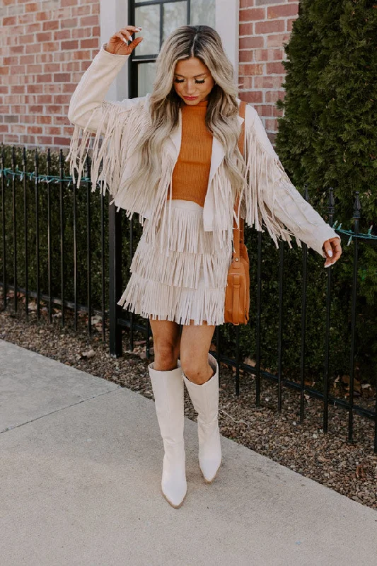 Boho Flow Faux Suede Fringe Skirt in Cream