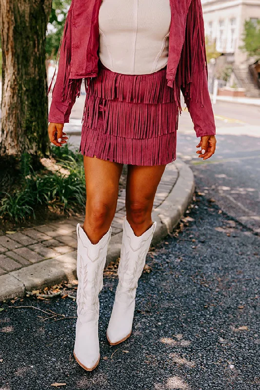 Boho Flow Faux Suede Fringe Skirt in Maroon