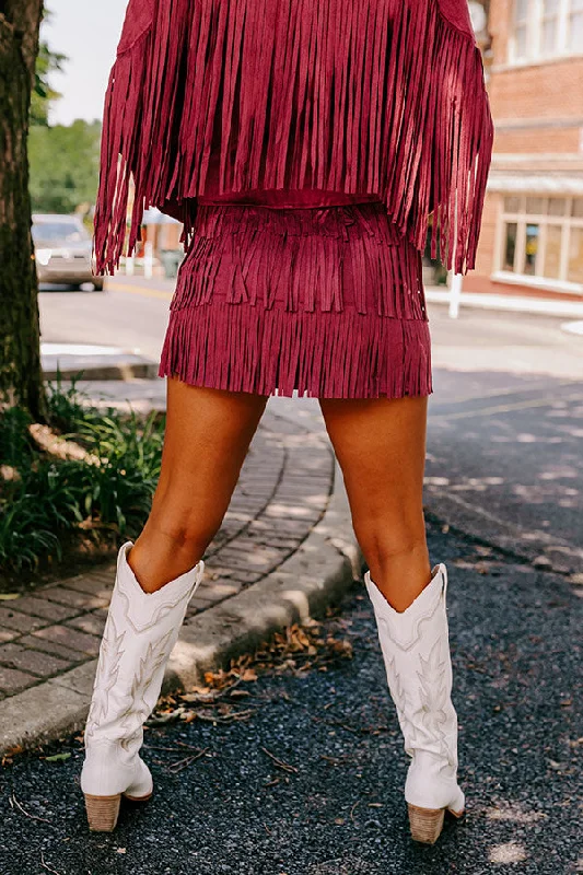 Boho Flow Faux Suede Fringe Skirt in Maroon