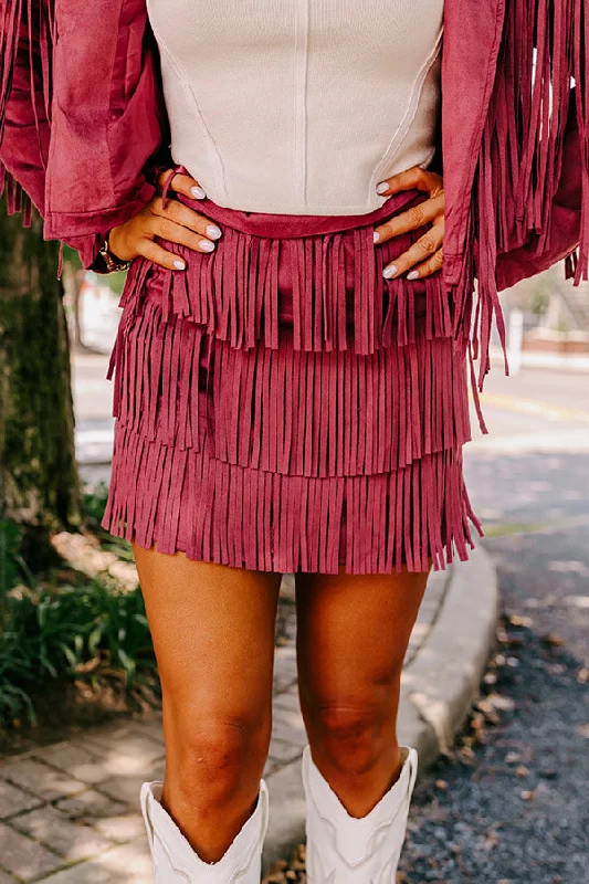 Boho Flow Faux Suede Fringe Skirt in Maroon