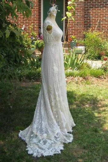 Cap-Sleeve Deep-V-Neck Vintage Lace Wedding Dress With Flower And Sweep Train