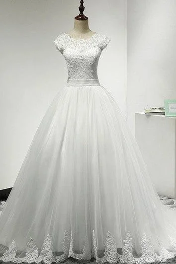 Cap Sleeve Jewel Neckline A-Line Tulle Dress With Lace Bodice and Lace Hemline