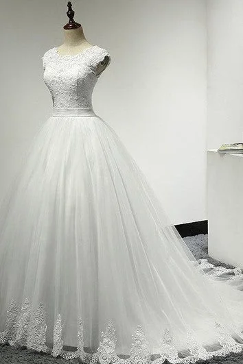 Cap Sleeve Jewel Neckline A-Line Tulle Dress With Lace Bodice and Lace Hemline