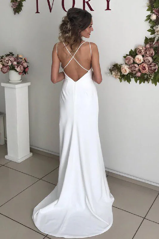 Long Straps Sheath V-Neck White Wedding Dress with Slit