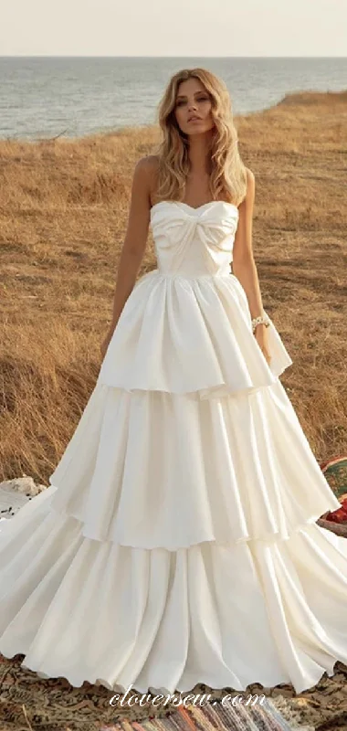 Cream Satin Strapless Tiered A-line Charming Wedding Gowns, CW0212