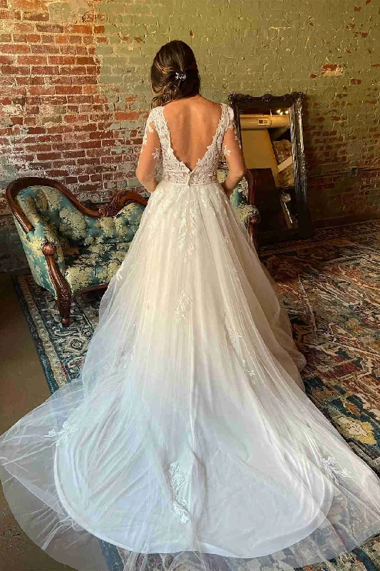 Deep V-Neck Lace Tulle Wedding Dress with Long Sleeves