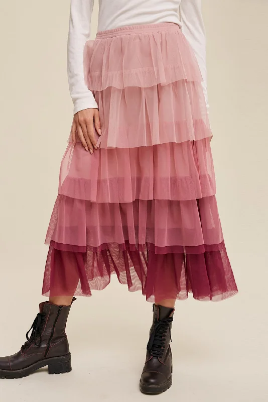 Elastic Waist Layered Tulle Midi Skirt