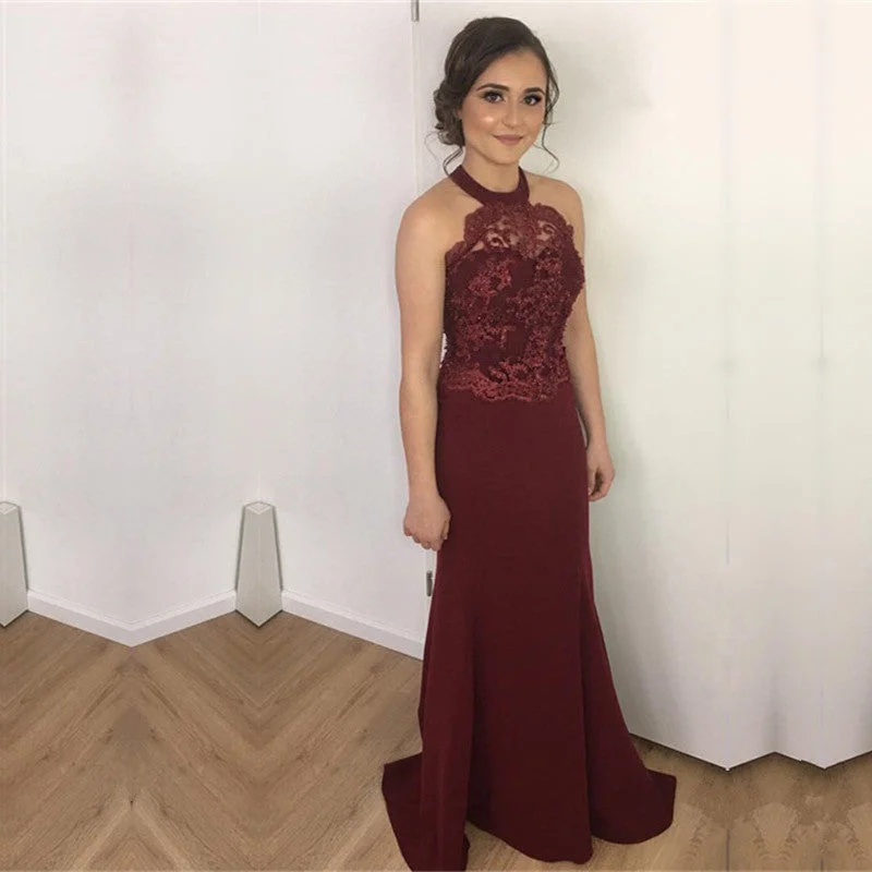 Elegant Lace Halter Long Mermaid Prom Dresses Burgundy Evening Gowns