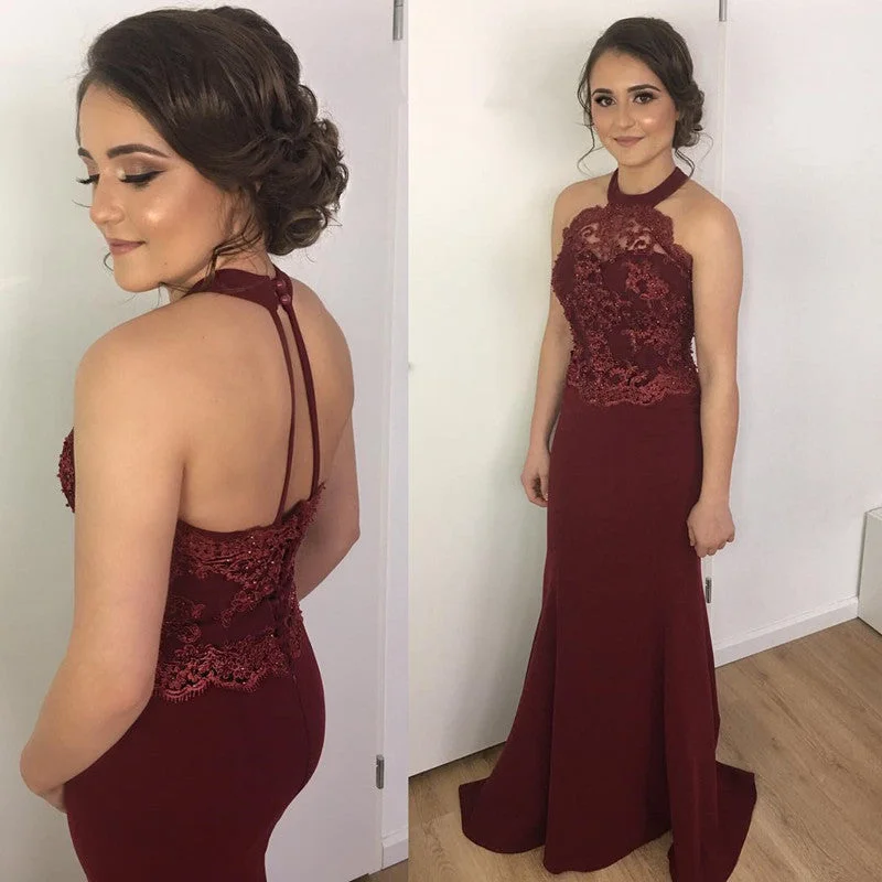 Elegant Lace Halter Long Mermaid Prom Dresses Burgundy Evening Gowns