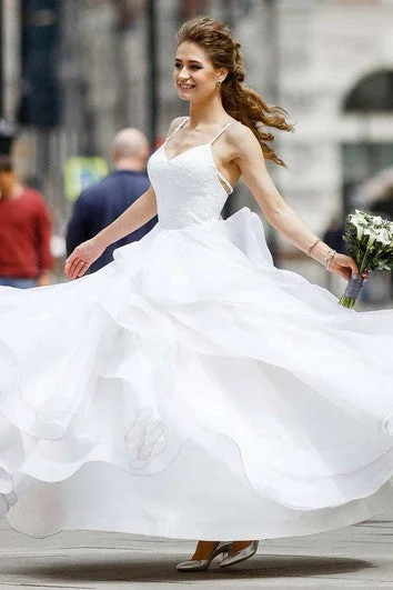 Flowy Spaghetti Layered Wedding Dress With Lace Top