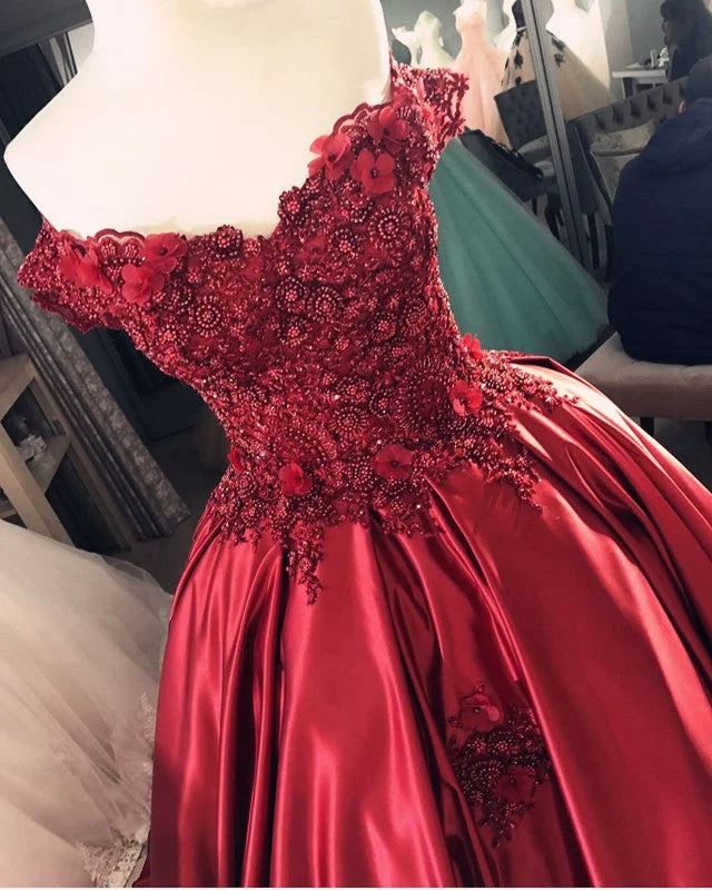 Gorgeous Beaded Lace V Neck Off Shoulder Long Burgundy Prom Dresses