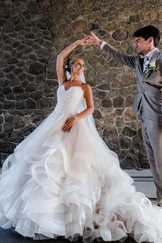 Long Cascading Ruffles A-line Sweetheart Ivory Wedding Dress