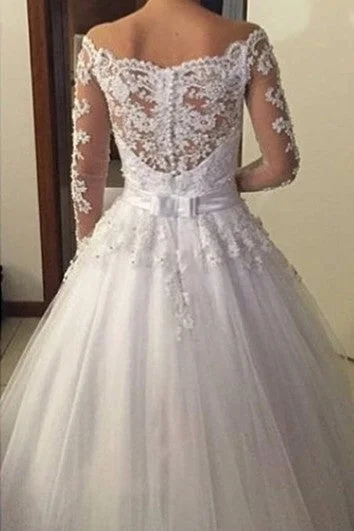 Gorgeous Off-shoulder Long-sleeved Lace Ball Gown Illusion Style