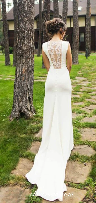 Illusion Lace Applique Back Ivory Wedding Dresses ,CW0234