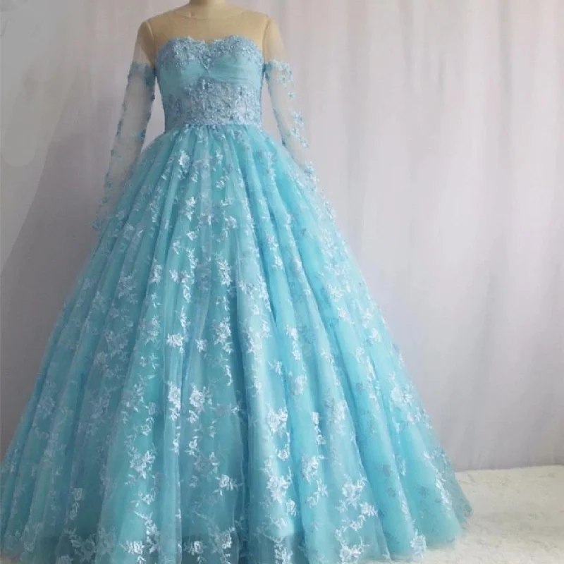 Illusion Neckline Long Sleeves Lace Ball Gowns Quinceanera Dresses