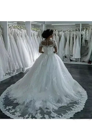 Jewel Sleeveless Court Train Lace Tulle A-Line Ball Gown Wedding Dress