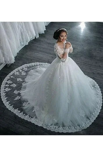 Jewel Sleeveless Court Train Lace Tulle A-Line Ball Gown Wedding Dress