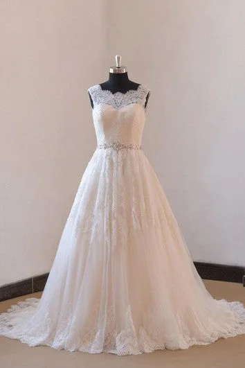 Lace A-Line Sleeveless Wedding Gown With Low-V Back and Beaded Sash