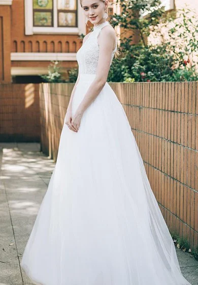 Lace Tulle Floor-length A Line Sleeveless Elegant Ethereal Wedding Dress