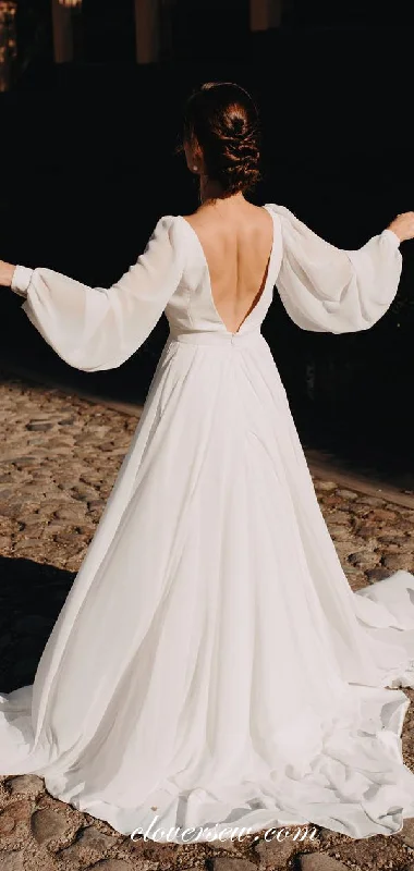 Long Sleeves Off White Chiffon V-neck Boho Wedding Dresses ,CW0232