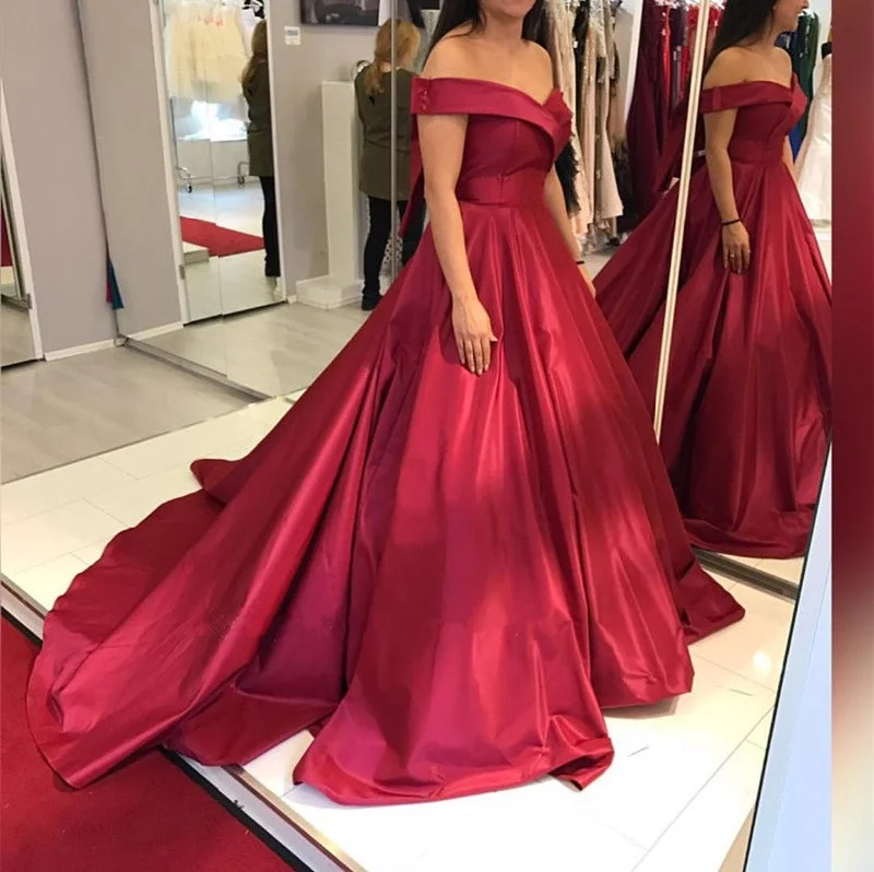 Maroon Satin V Neck Off Shoulder Ball Gown Prom Dresses