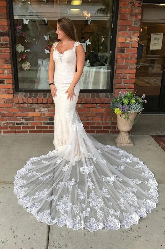 Long Mermaid Lace Strap Ivory Wedding Dress with Train