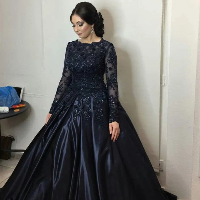 Navy Blue Lace Long Sleeves Wedding Dresses Ball Gowns