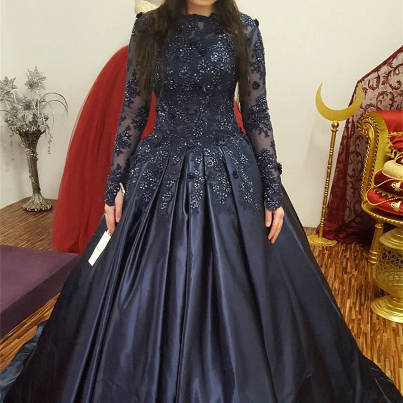 Navy Blue Lace Long Sleeves Wedding Dresses Ball Gowns